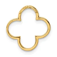 A gold four-leaf clover-shaped pendant with curved lobes and a small stamped hallmark, shown against a white background.