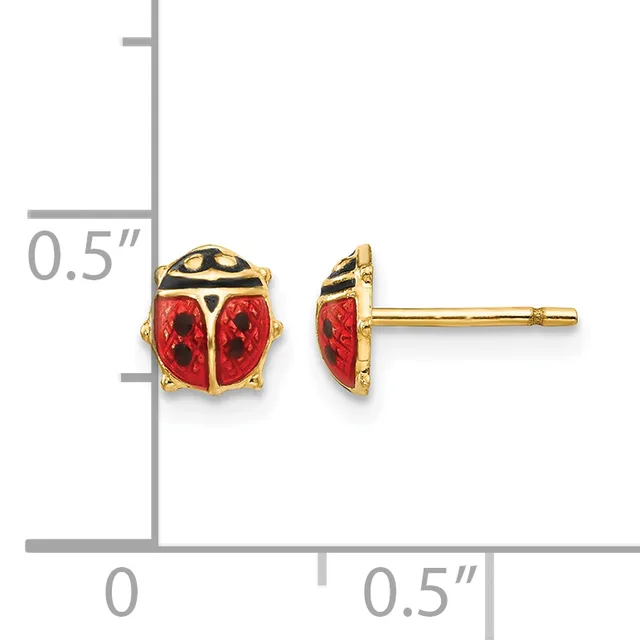 Gold ladybug stud earrings with red enamel wings and black enamel spots, shown front and side view with measurement scale.