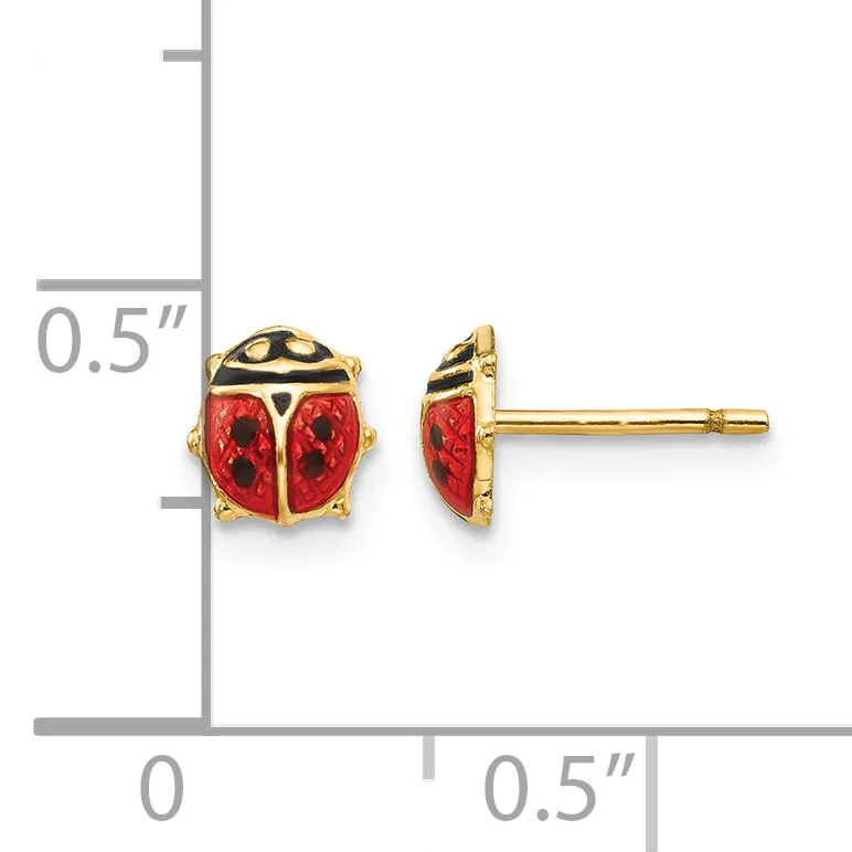 Gold ladybug stud earrings with red enamel wings and black enamel spots, shown front and side view with measurement scale.