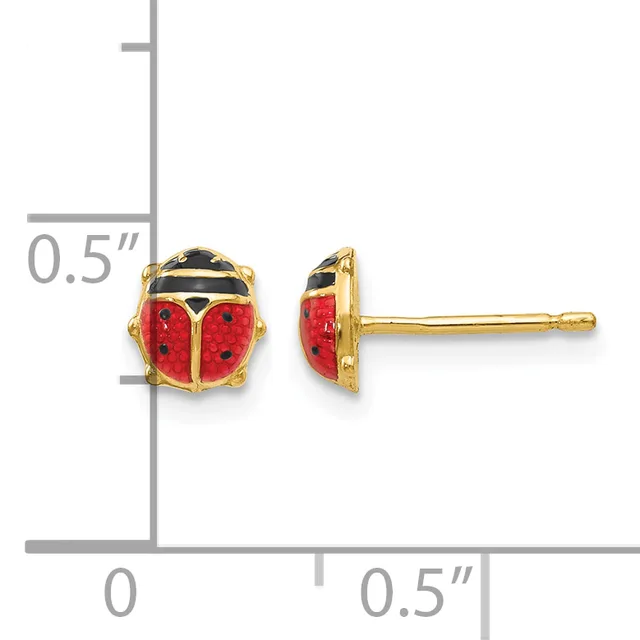 Two gold-plated ladybug stud earrings with red enamel wings, black enamel heads and bodies, and black spotted details, shown front and side view next to a measurement scale.
