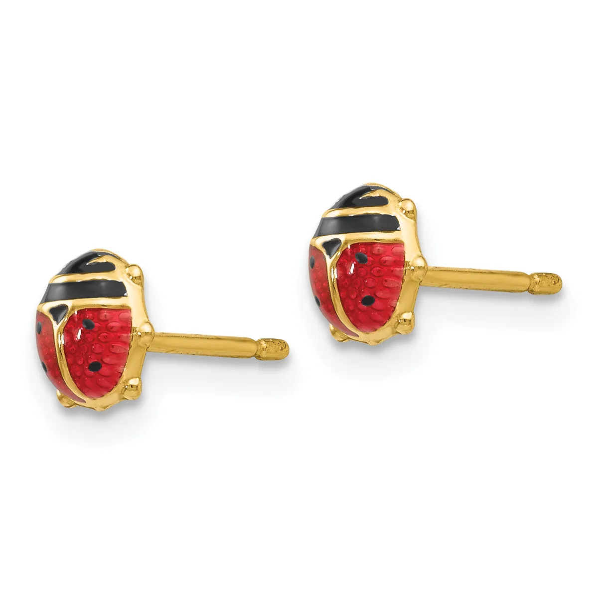 A pair of gold stud earrings shaped like ladybugs with red enamel bodies, black enamel stripes on top, and small black enamel dots, displayed on a white background.