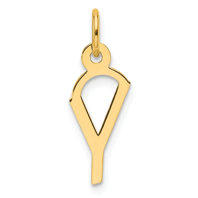 A gold pendant in the shape of a stylized map pointer or location pin with an open triangular cutout, suspended from a small loop bail.