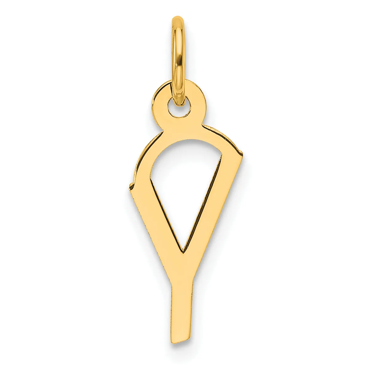 A gold pendant in the shape of a stylized map pointer or location pin with an open triangular cutout, suspended from a small loop bail.