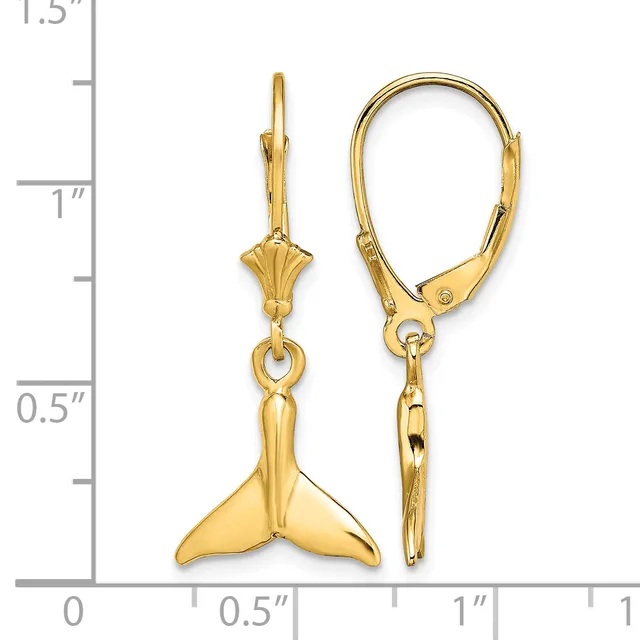 Pair of gold-colored whale tail drop earrings with leverback closures, shown against a measurement scale indicating approximately 1.25 inches in length.