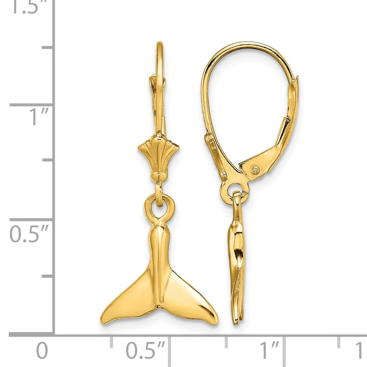 Pair of gold-colored whale tail drop earrings with leverback closures, shown against a measurement scale indicating approximately 1.25 inches in length.