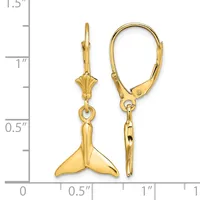 Pair of gold-colored whale tail drop earrings with leverback closures, shown against a measurement scale indicating approximately 1.25 inches in length.