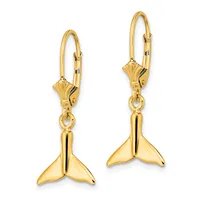 A pair of gold whale tail drop earrings with lever-back closures displayed against a white background.