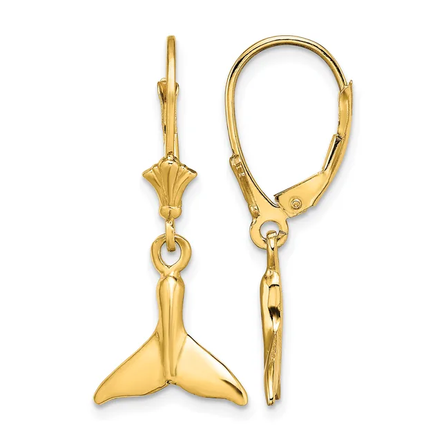 Pair of gold whale tail drop earrings with lever-back closures and decorative fan-shaped connectors, shown from front and back views.