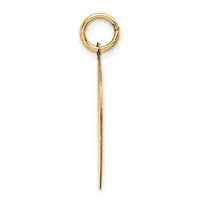 A gold-toned circular ring pendant with a long chain attached, displayed vertically against a white background.