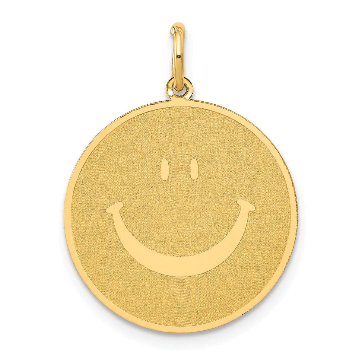 Gold circular pendant with a smiley face design featuring two dots for eyes and a curved smile, suspended from a gold bail loop.