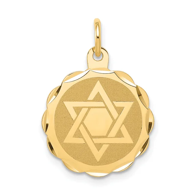 Gold pendant featuring a Star of David design centered on a circular disc with a scalloped border and attached bail loop.