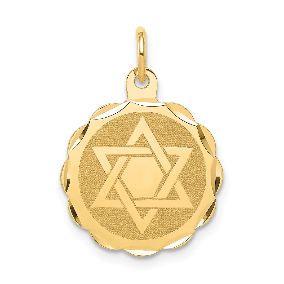 Gold pendant featuring a Star of David design centered on a circular disc with a scalloped border and attached bail loop.