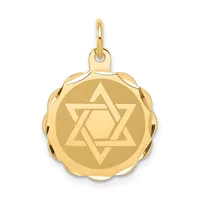 Gold pendant featuring a Star of David design centered on a circular disc with a scalloped border and attached bail loop.