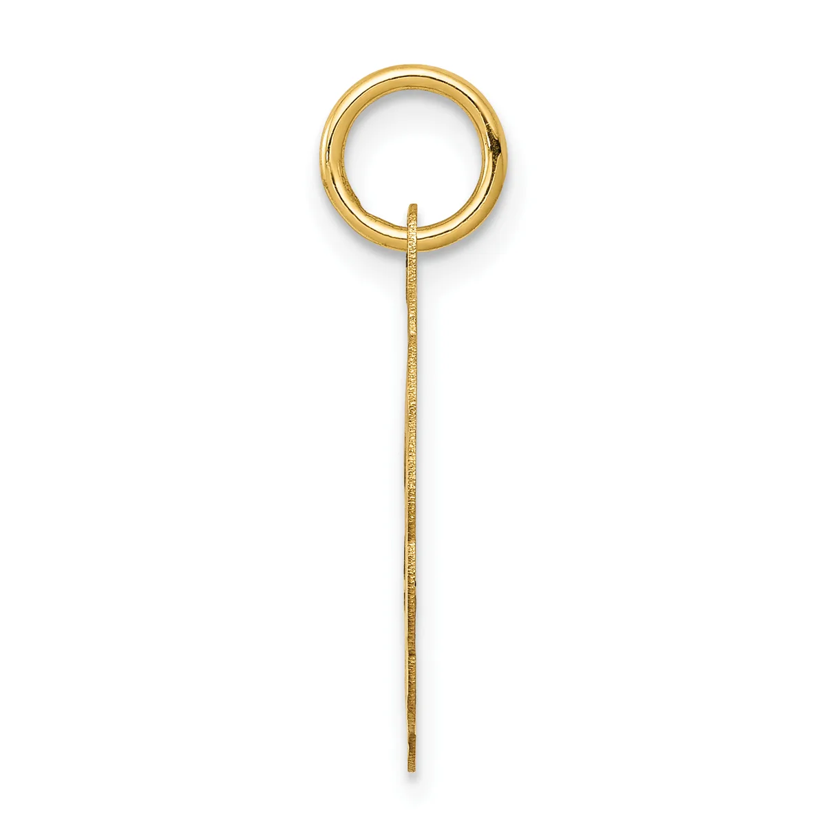 A gold-toned circular ring with a long dangling chain attached, displayed vertically against a white background.