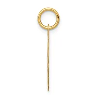 A gold-toned circular ring with a long dangling chain attached, displayed vertically against a white background.
