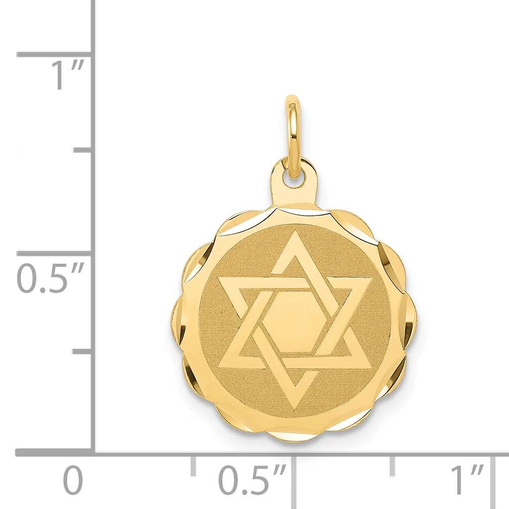 Gold Star of David pendant with scalloped edge border shown next to a ruler measuring approximately 0.75 inches in diameter.