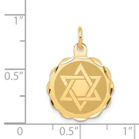 Gold Star of David pendant with scalloped edge border shown next to a ruler measuring approximately 0.75 inches in diameter.