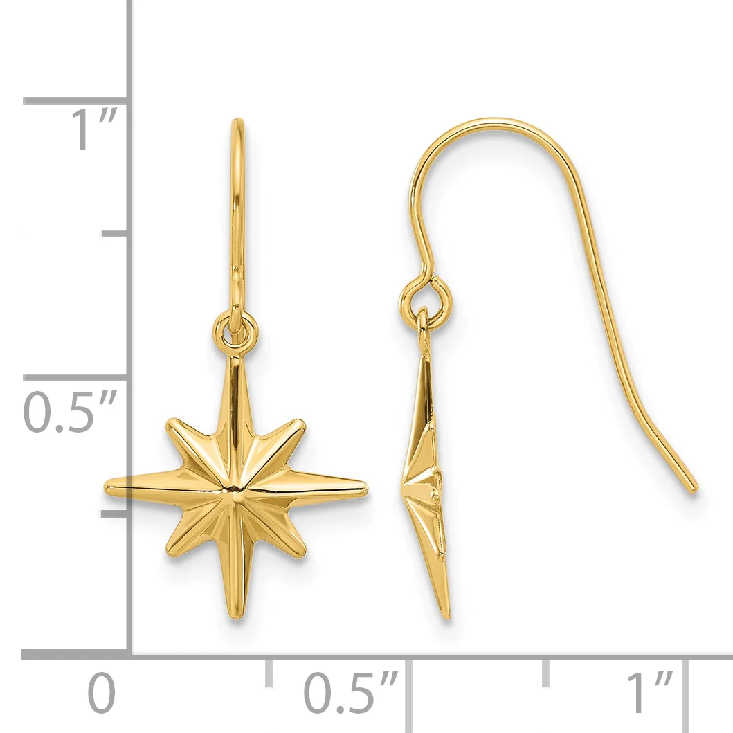 Gold star-shaped dangle earrings with fish hook closures shown next to a ruler indicating approximately one inch in length.