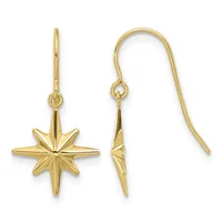 Pair of gold star-shaped dangle earrings with fish hook closures, shown from front and side views.