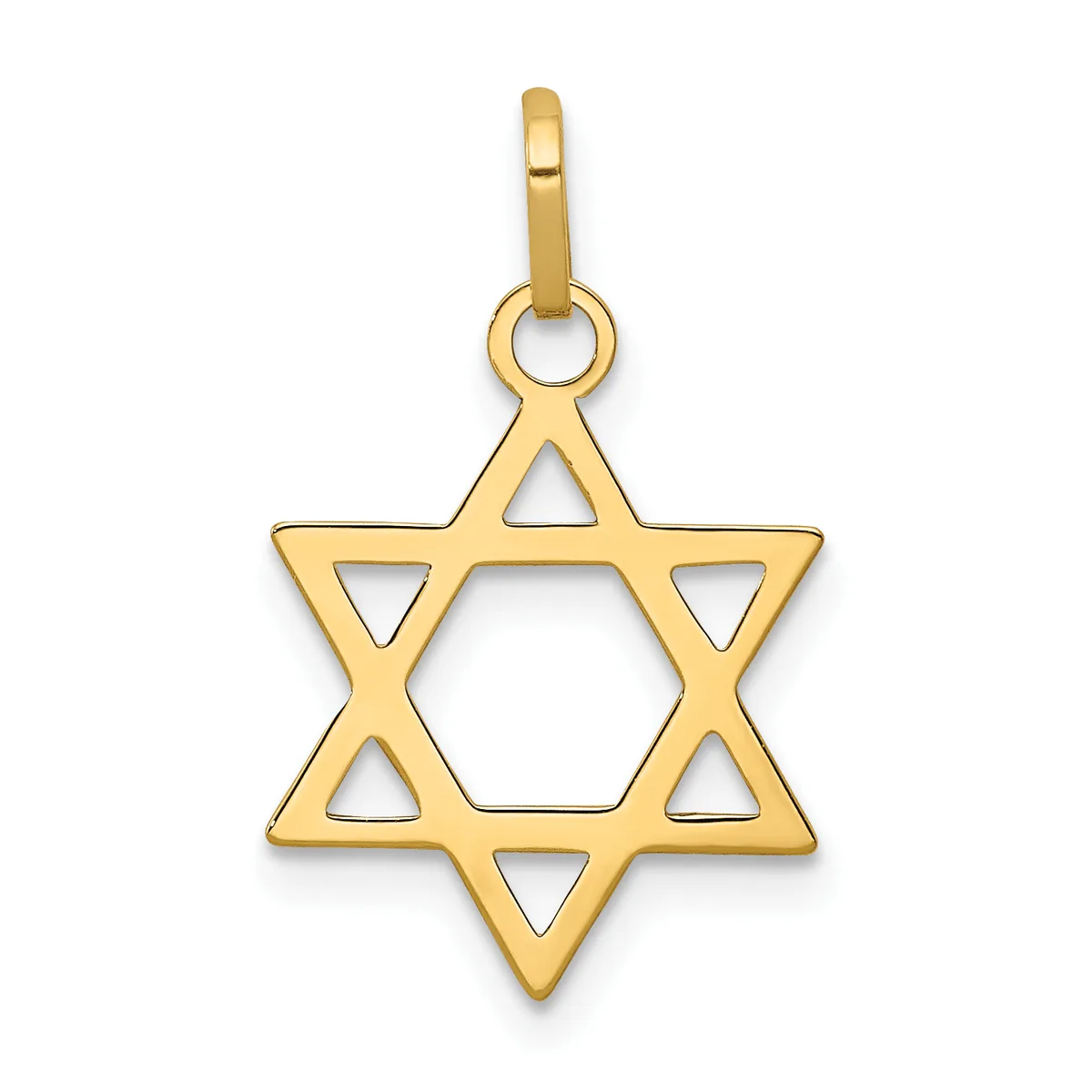 Gold Star of David pendant with a hollow center and triangular cutouts, shown hanging from a bail loop.