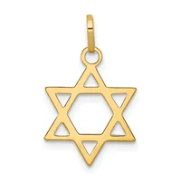 Gold Star of David pendant with a hollow center and triangular cutouts, shown hanging from a bail loop.