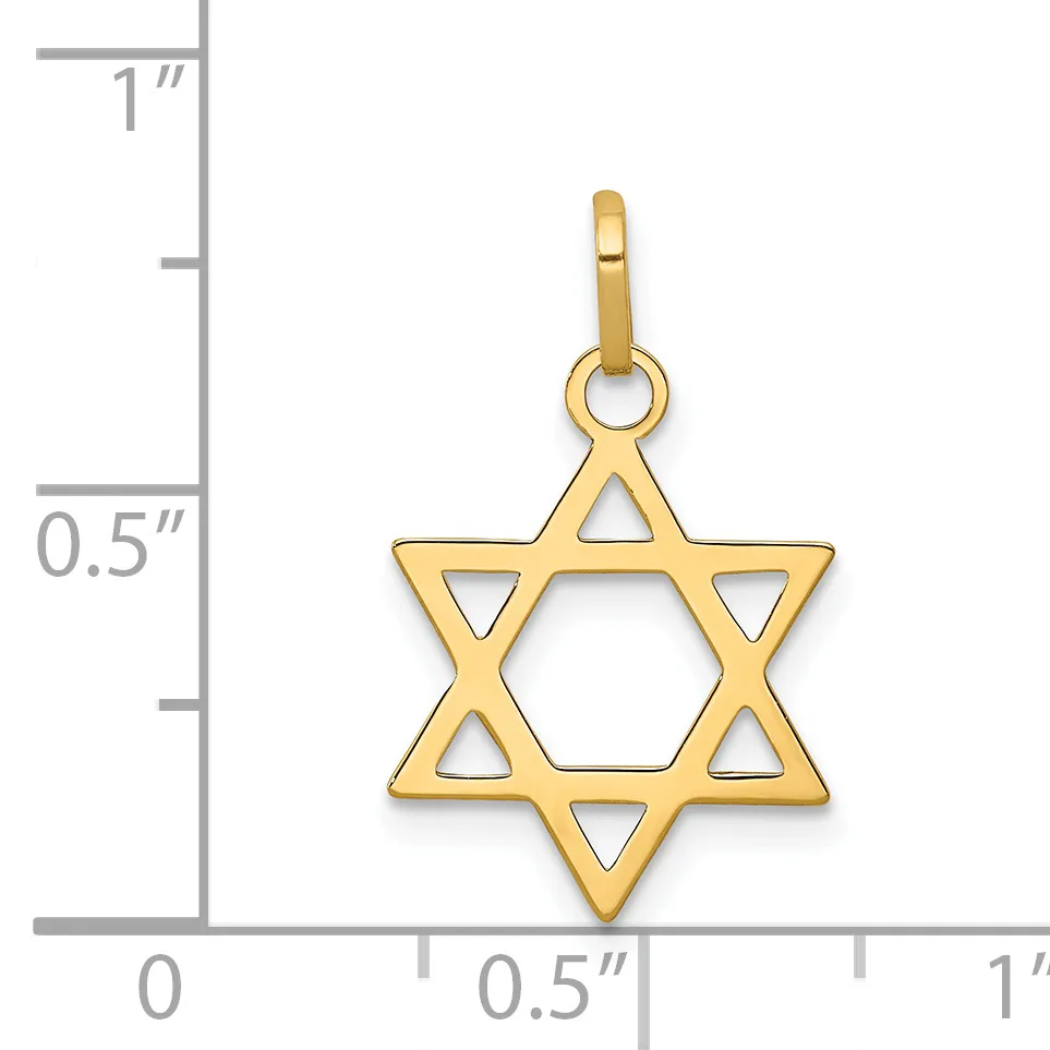 Gold Star of David pendant with cutout triangles, shown next to a ruler measuring approximately 0.75 inches tall.