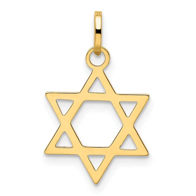 A gold Star of David pendant with triangular cutouts throughout the design, suspended from a small bail loop.