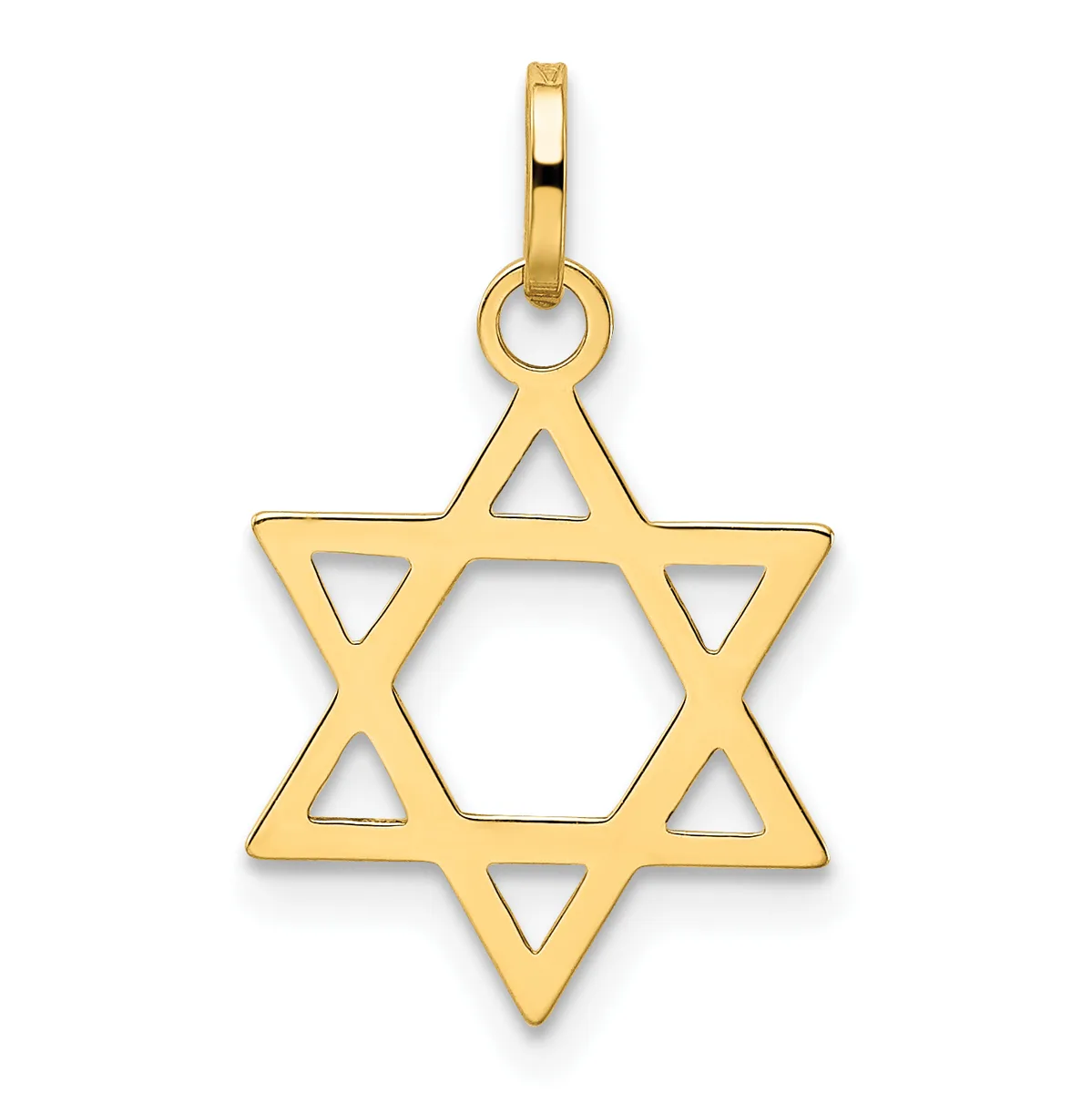 A gold Star of David pendant with triangular cutouts throughout the design, suspended from a small bail loop.