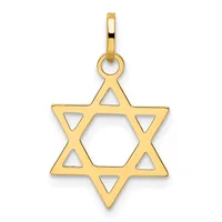A gold Star of David pendant with triangular cutouts throughout the design, suspended from a small bail loop.