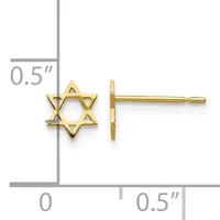 Gold-tone Star of David stud earrings shown front and side view with a measurement scale indicating approximately 0.5 inches in diameter.