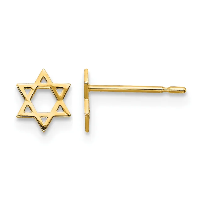 Pair of gold Star of David stud earrings shown from front and side views, featuring hollow geometric design with post and clutch backs.