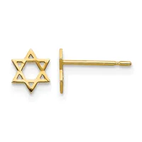 Pair of gold Star of David stud earrings shown from front and side views, featuring hollow geometric design with post and clutch backs.