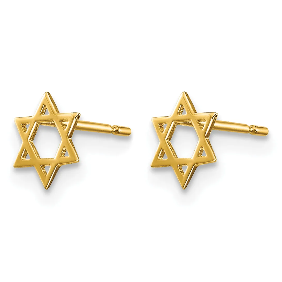 Pair of gold Star of David stud earrings with small diamond accents on each point, shown from the front.