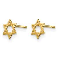 Pair of gold Star of David stud earrings with small diamond accents on each point, shown from the front.