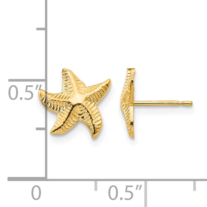 Gold starfish stud earrings shown from front and side views next to a measurement ruler indicating approximately 0.5 inches in size.