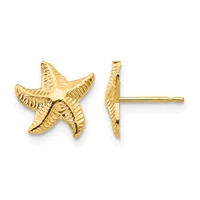Gold-colored starfish stud earrings shown from front and side views, featuring textured ridged details on each arm.