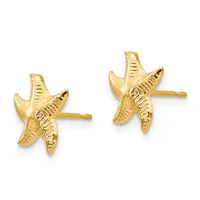 Pair of gold starfish stud earrings with textured details and post backs, shown from the front.