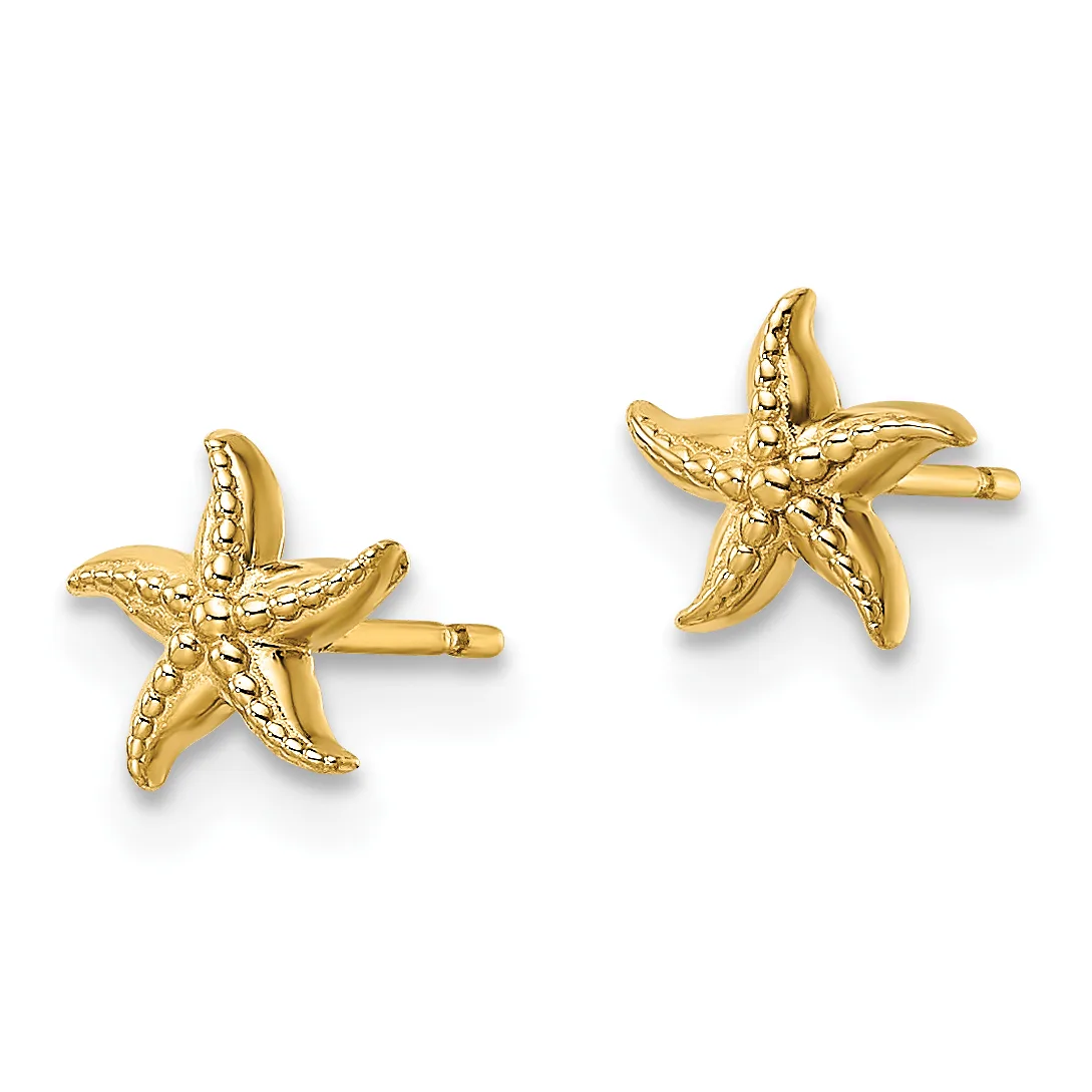 Pair of gold starfish stud earrings with textured details and post backs, shown from the front.