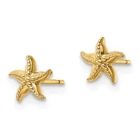 Pair of gold starfish stud earrings with textured details and post backs, shown from the front.