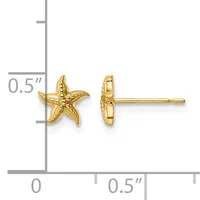 Gold starfish stud earrings shown from front and side views with a measurement scale indicating approximately 0.5 inches in width.
