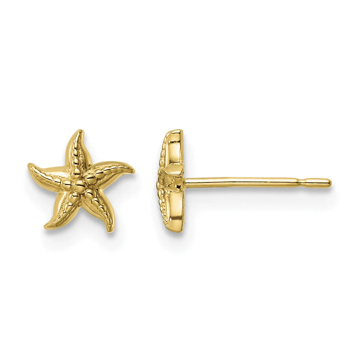 Pair of gold starfish stud earrings shown from front and side views, featuring textured five-pointed star shapes with posts and backs.