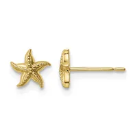 Pair of gold starfish stud earrings shown from front and side views, featuring textured five-pointed star shapes with posts and backs.