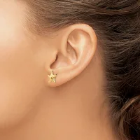 A person wearing a small gold star-shaped stud earring in their earlobe, shown in profile view.