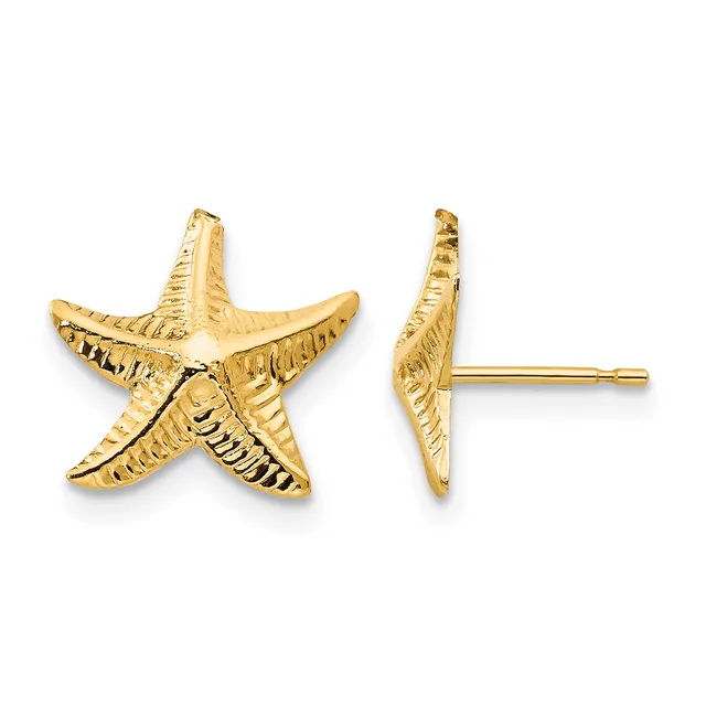 Gold starfish stud earrings shown from front and side views, featuring textured details on each of the five points.