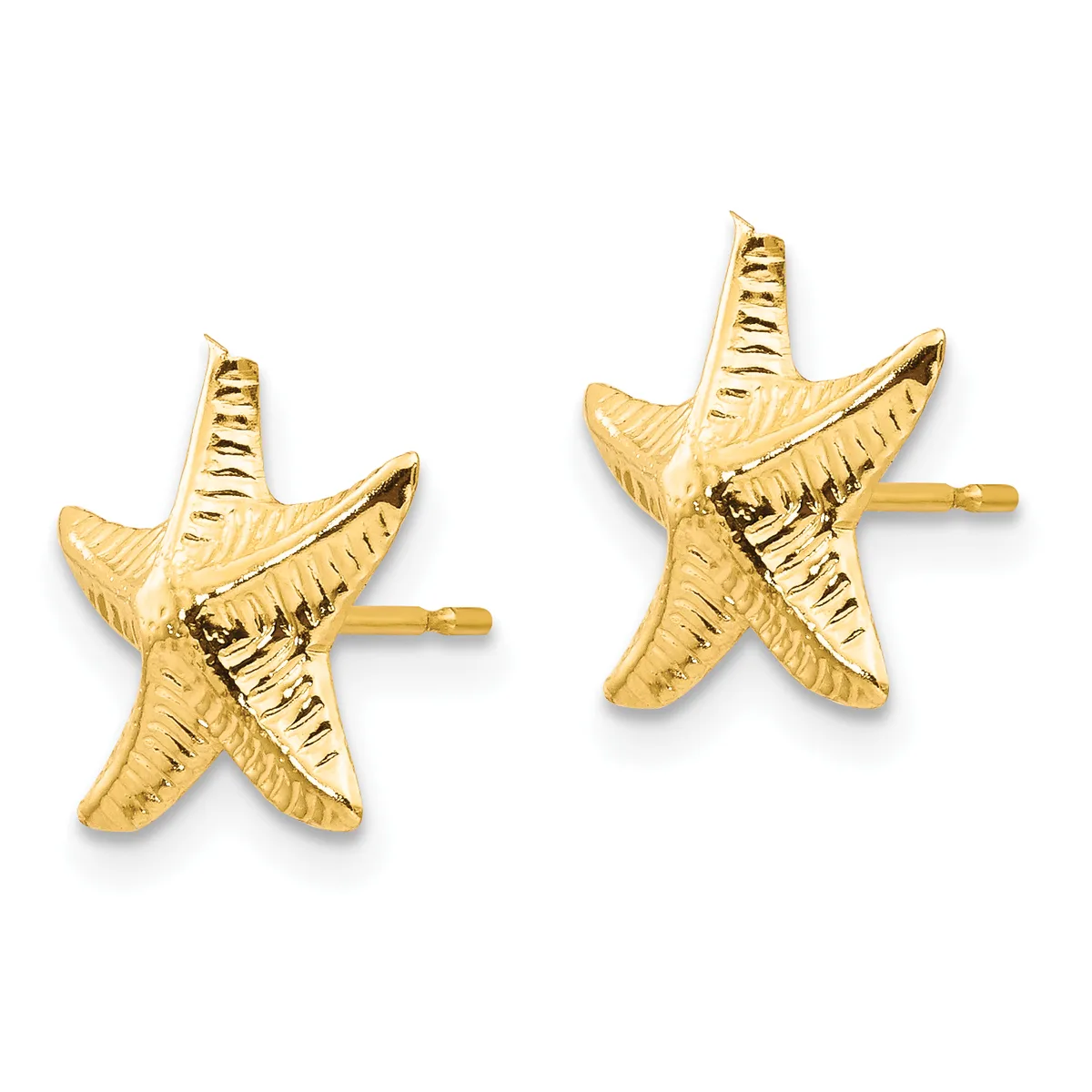 A pair of gold starfish stud earrings with textured details and posts shown against a white background.