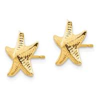 A pair of gold starfish stud earrings with textured details and posts shown against a white background.