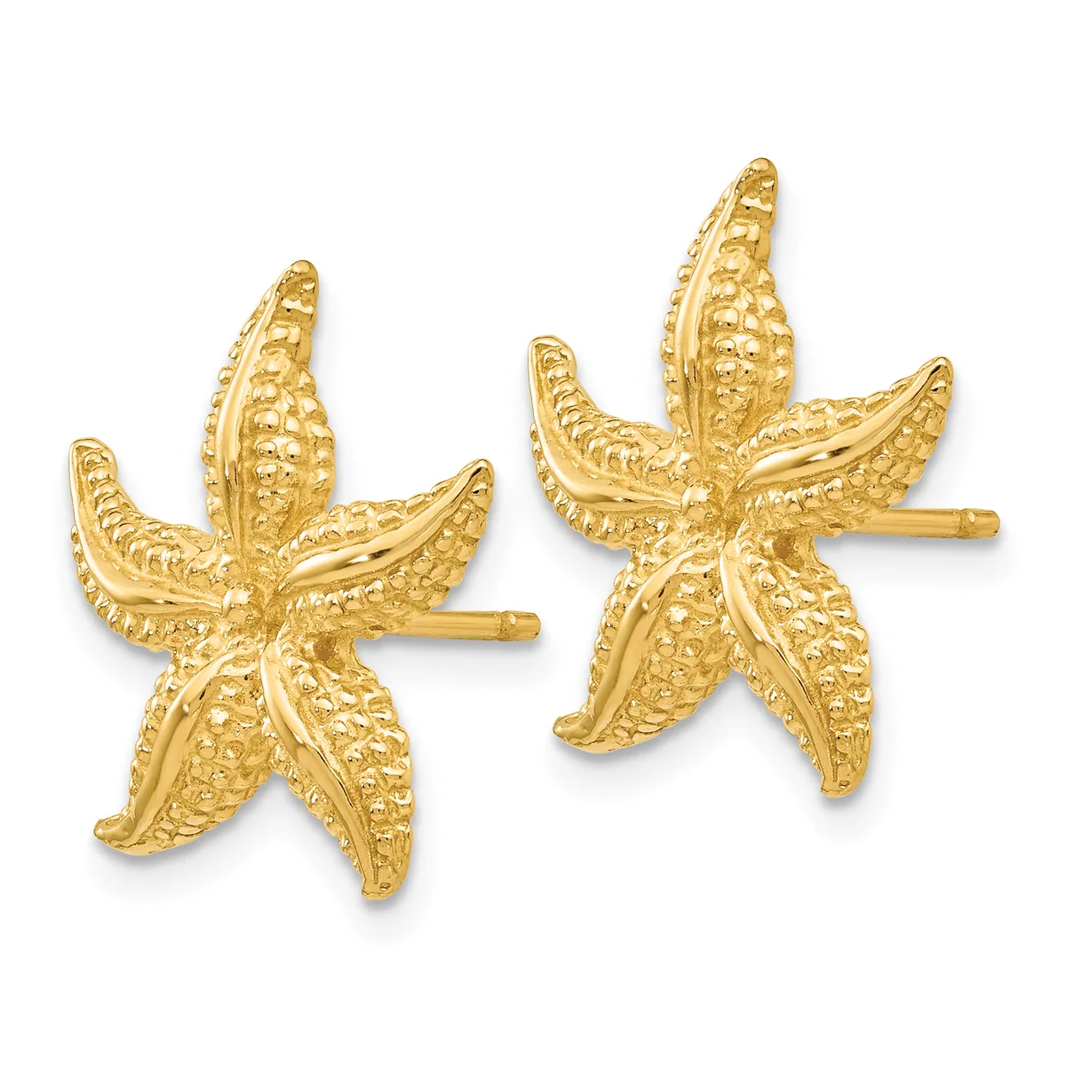 Pair of gold starfish-shaped stud earrings with textured surface detail and post backs.