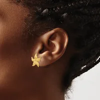 A gold-colored starfish-shaped earring worn on a person's ear, shown in profile against a neutral background.