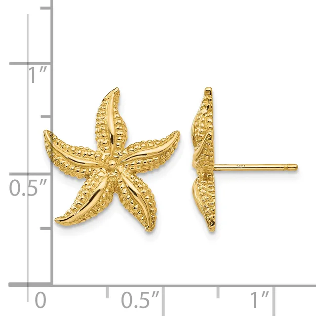 Gold starfish stud earrings with textured surface shown front and side view next to a measurement scale.