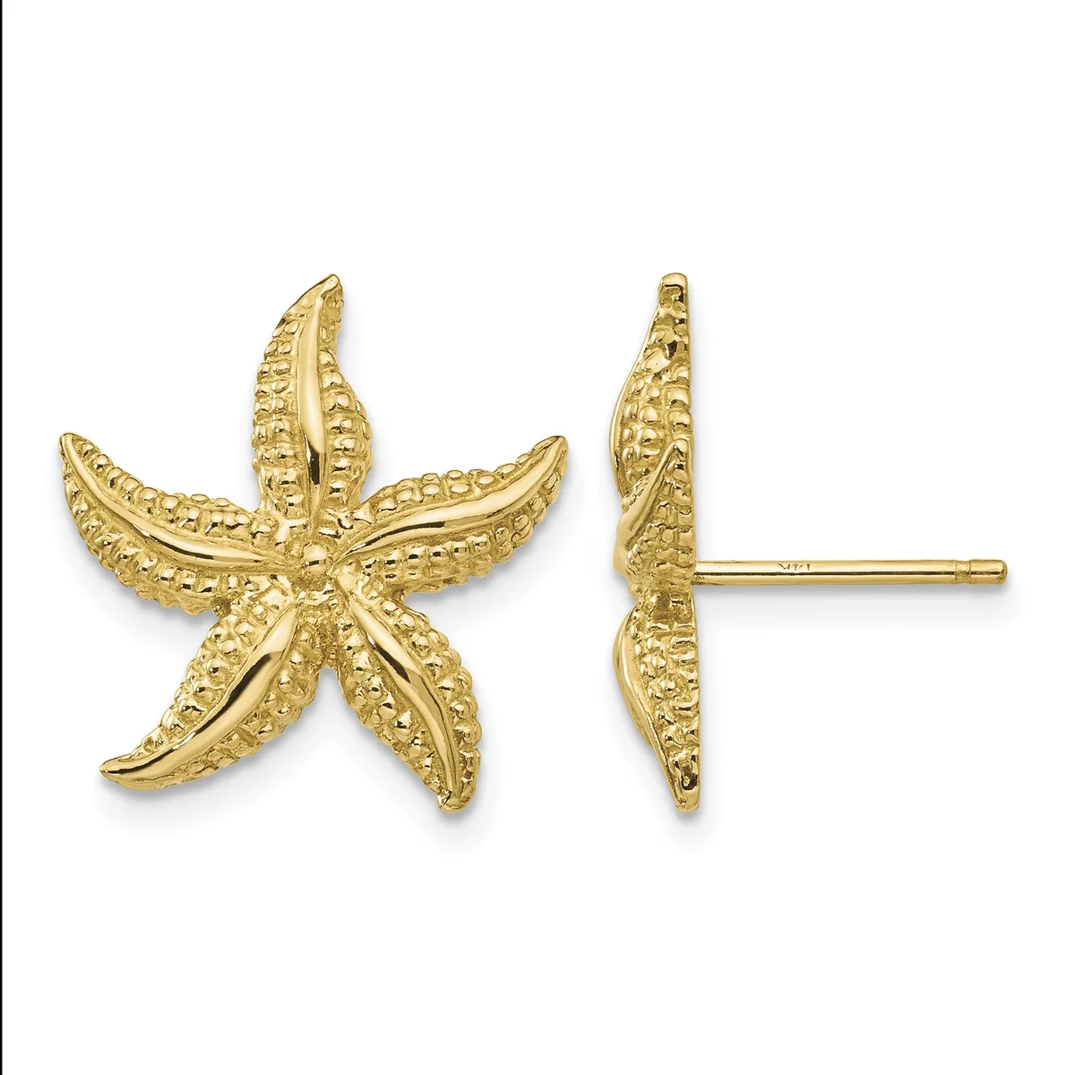 Gold starfish-shaped stud earrings shown from front and side views, featuring textured surfaces on each of the five arms.